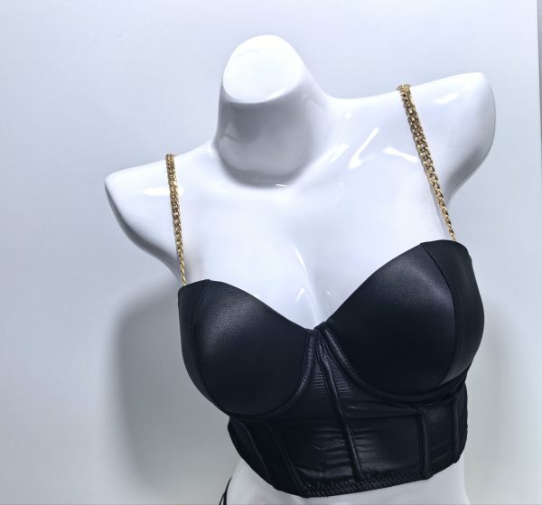BLACK SATIN CORSET DETAIL CHAIN STRAP CROP TOP