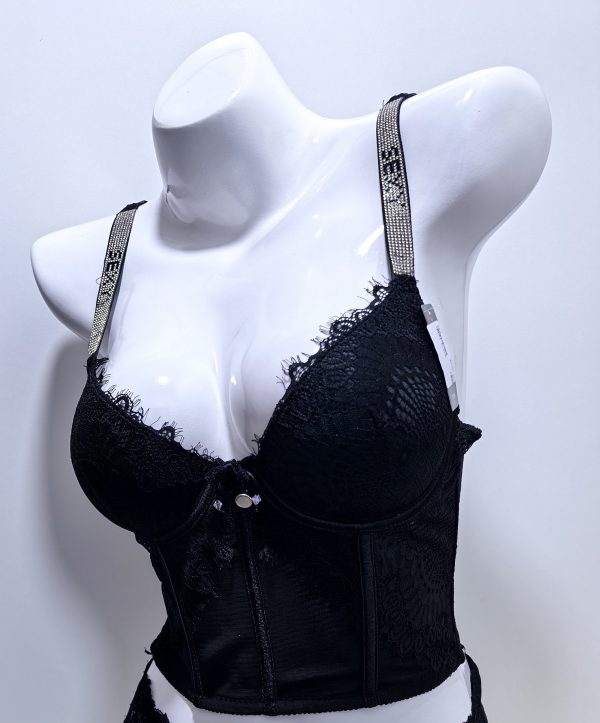 BLACK SATIN CORSET DETAIL BLING STRAP CROP TOP